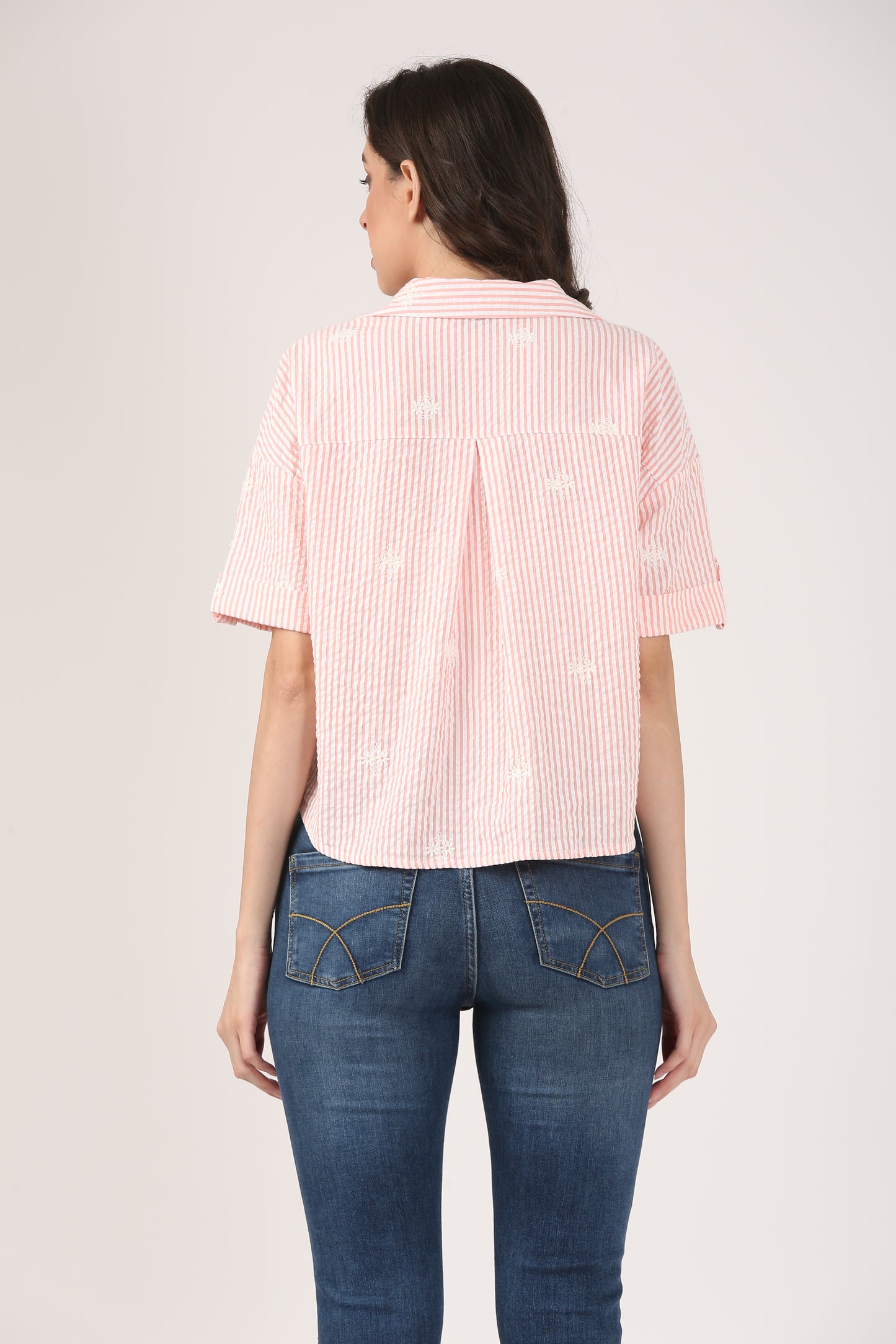 Cotton Peach Striped Seersucker Embroidered Short Sleeve Shirt