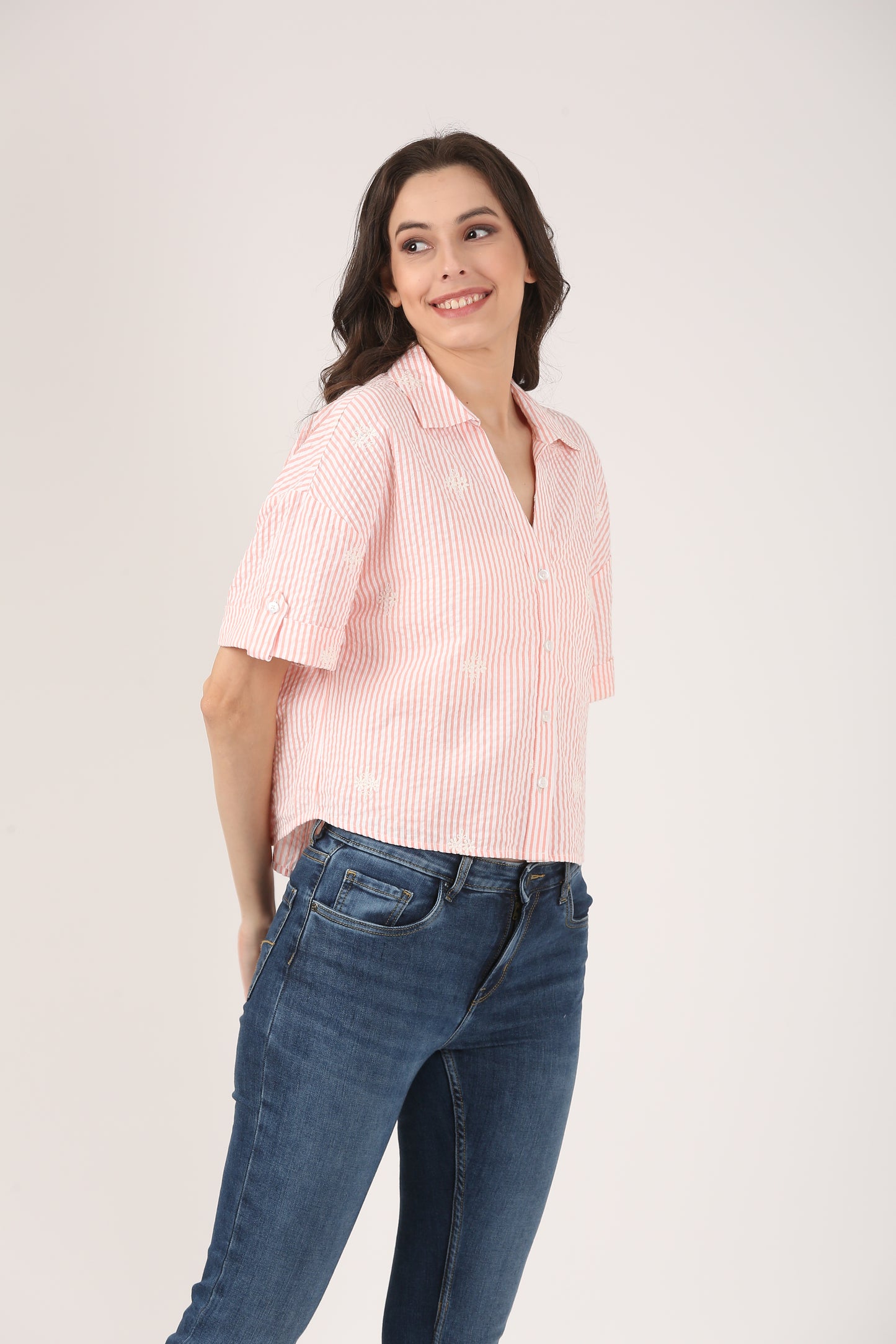 Cotton Peach Striped Seersucker Embroidered Short Sleeve Shirt