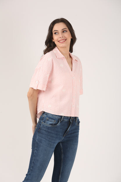 Cotton Peach Striped Seersucker Embroidered Short Sleeve Shirt