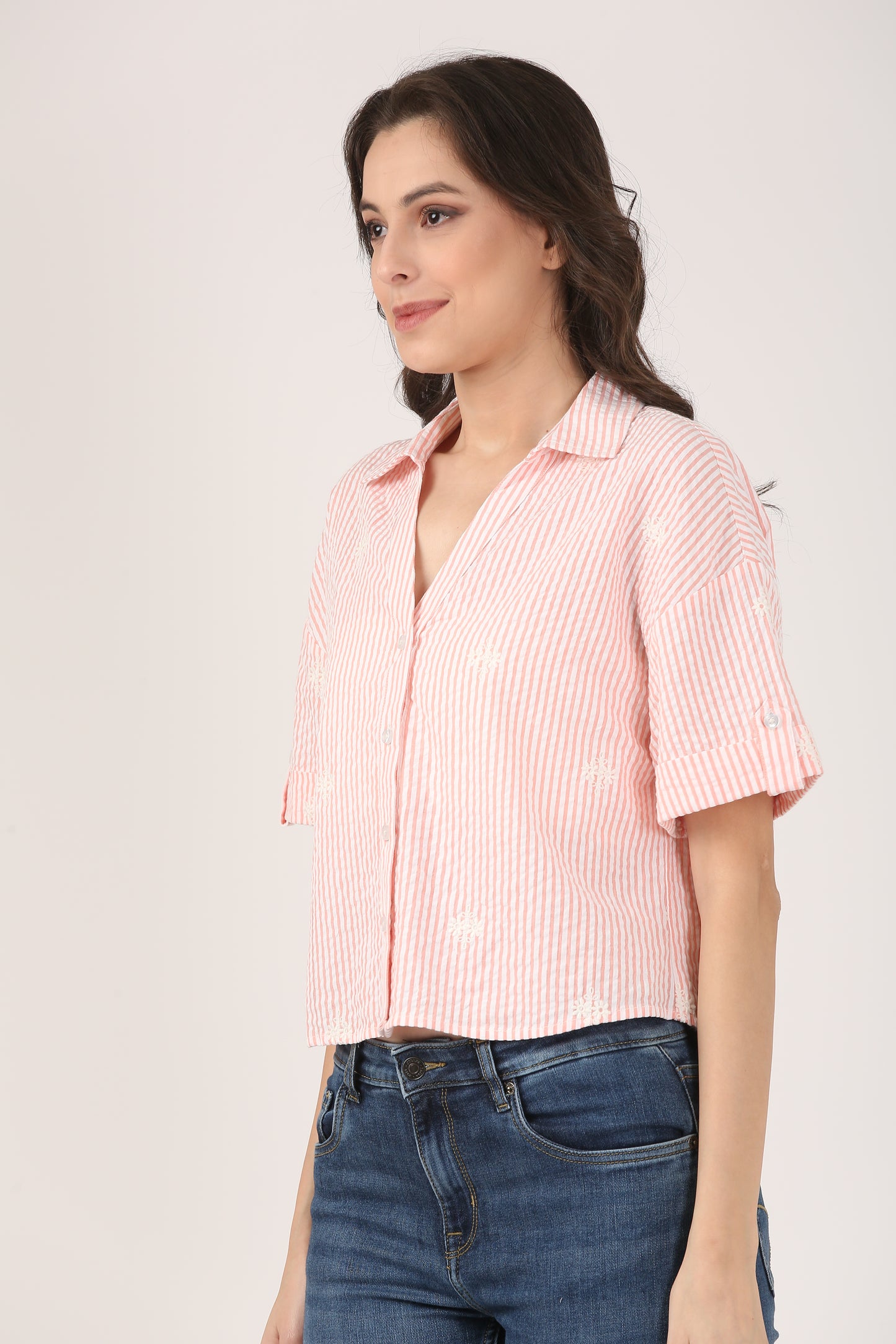 Cotton Peach Striped Seersucker Embroidered Short Sleeve Shirt