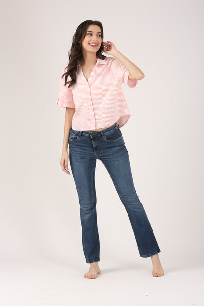 Cotton Peach Striped Seersucker Embroidered Short Sleeve Shirt