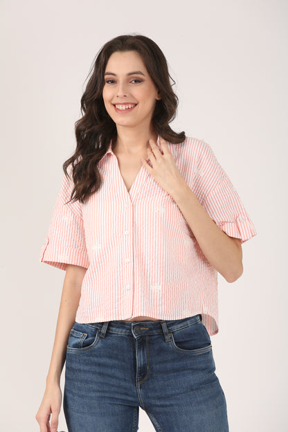 Cotton Peach Striped Seersucker Embroidered Short Sleeve Shirt
