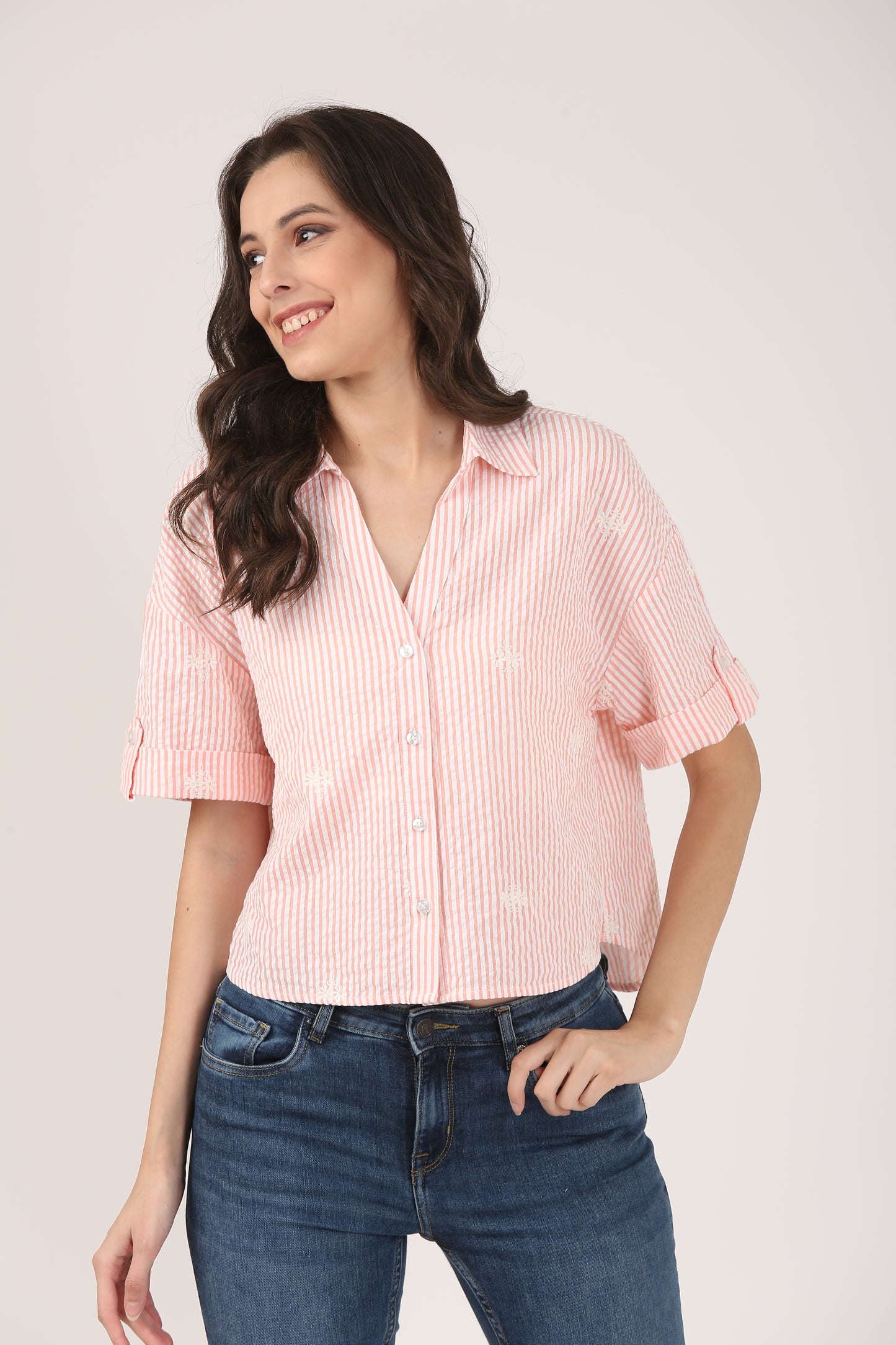 Cotton Peach Striped Seersucker Embroidered Short Sleeve Shirt