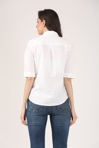 White Linen Shirt With Blue Shoulder Embroidery