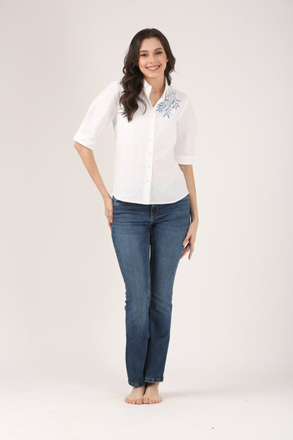 White Linen Shirt With Blue Shoulder Embroidery