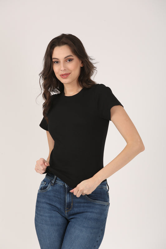 Soft Cotton Rib Short Sleeve Black Top