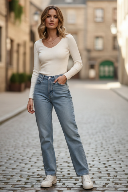 Soft Cotton Rib Sweetheart Neck Cream Top