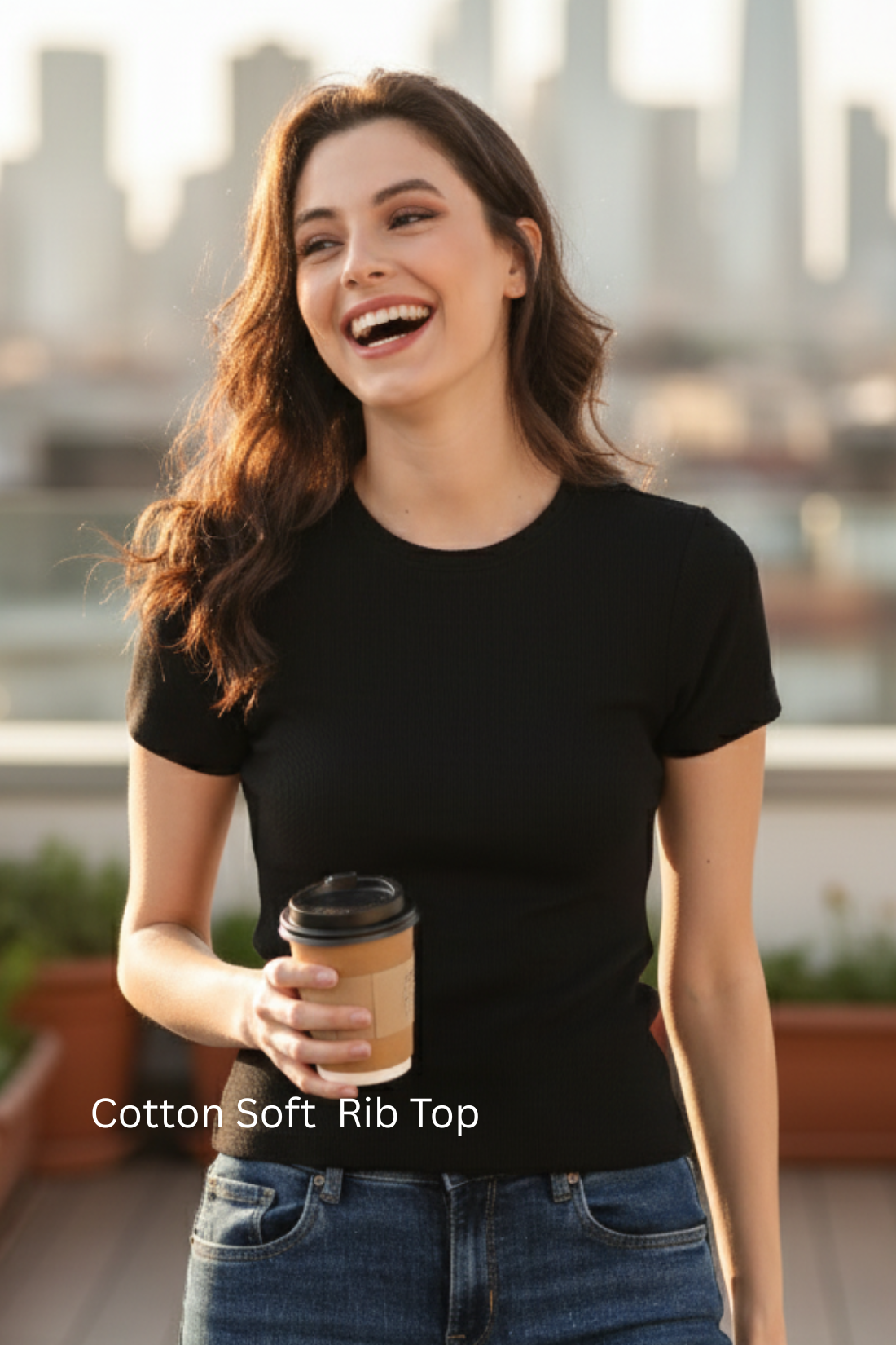 Soft Cotton Rib Short Sleeve Black Top