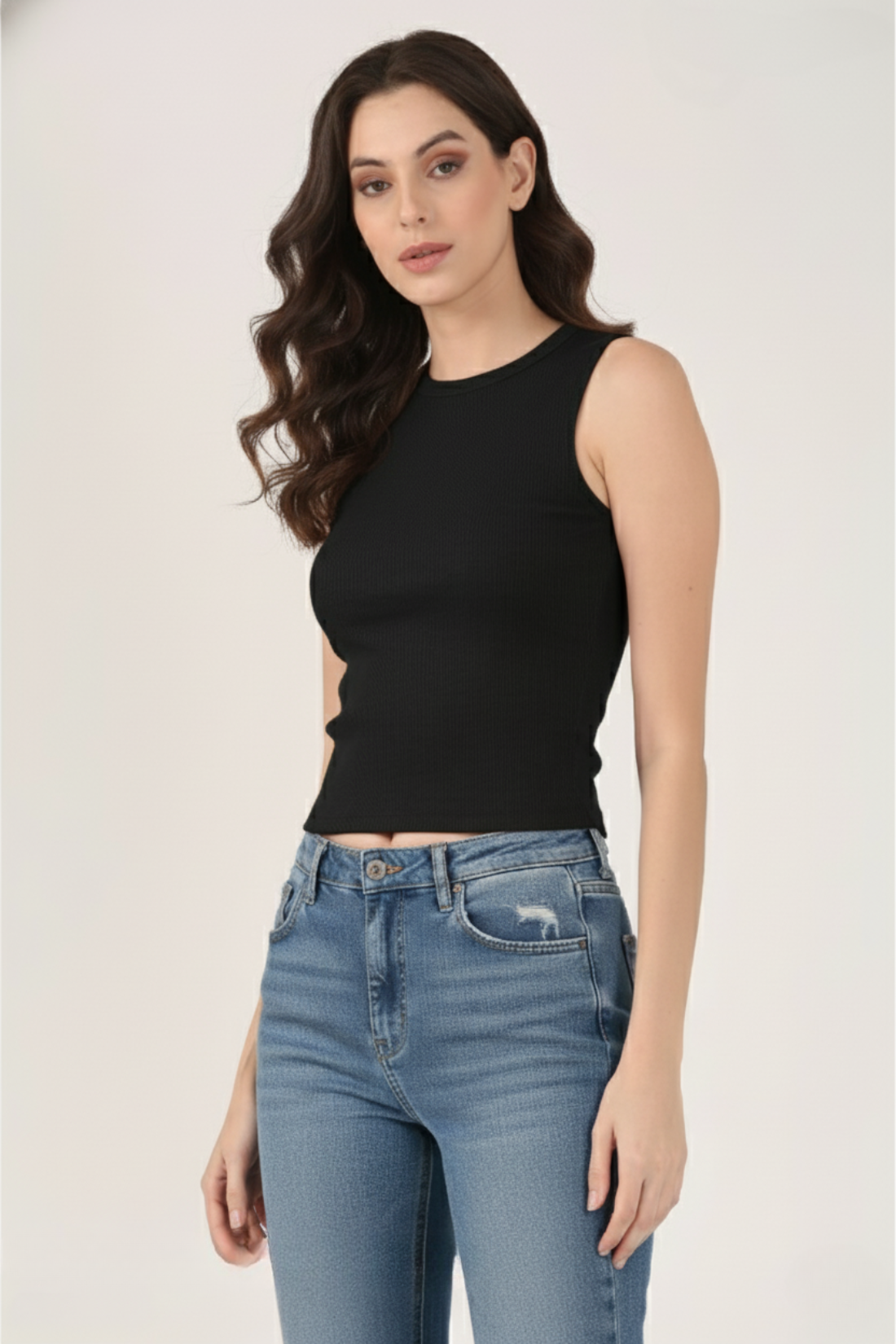 Soft Cotton Rib Sleeveless Black Top