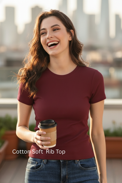 Soft Cotton Rib Short Sleeve Wine Top