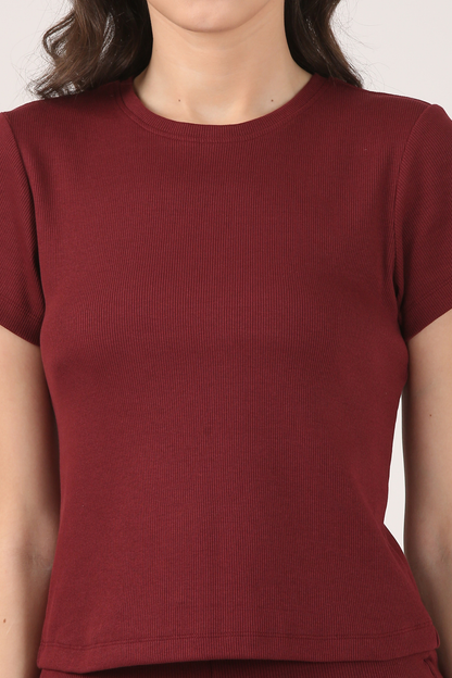 Soft Cotton Rib Short Sleeve Wine Top