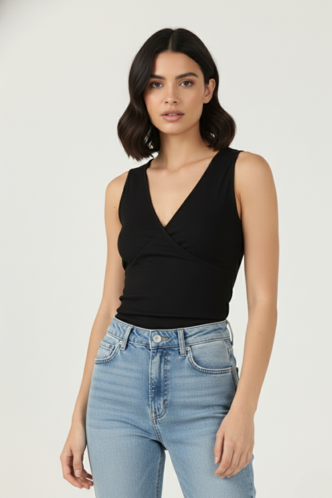 Soft Cotton Rib Elegant V Neck Black Top