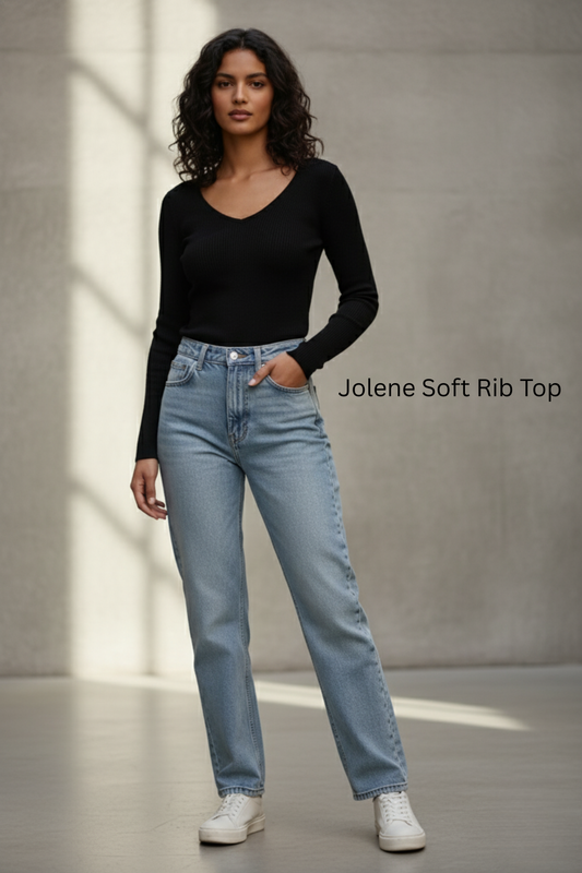 Soft Cotton Rib Sweetheart Neck Black Top