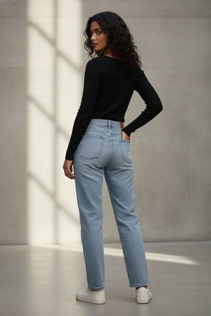 Soft Cotton Rib Sweetheart Neck Black Top