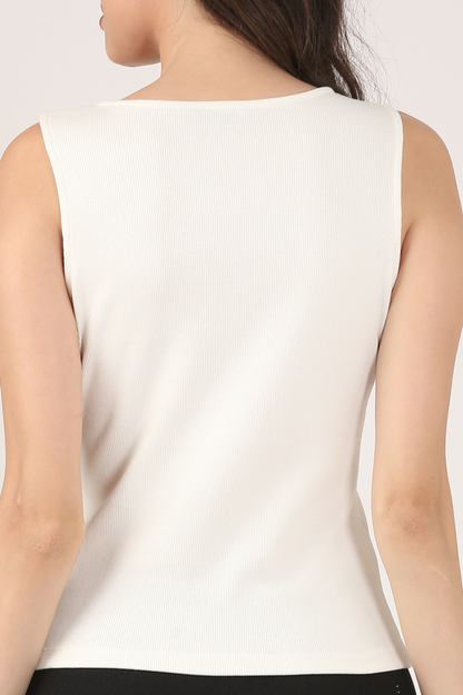 Soft Cotton Rib Elegant V Neck Cream Top