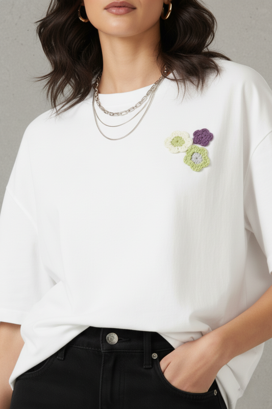 White Oversized T-Shirt with Green Crochet