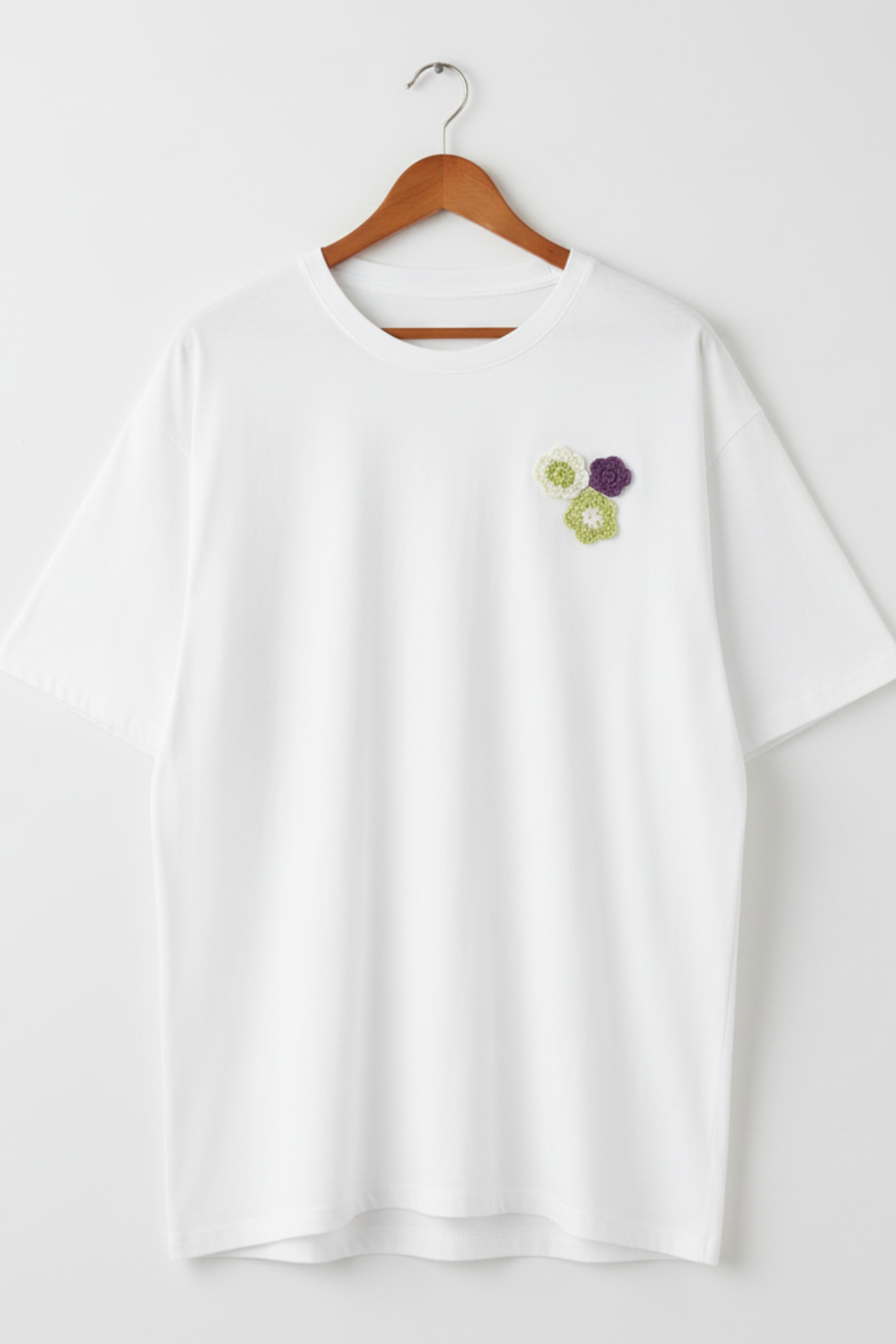 White Oversized T-Shirt with Green Crochet