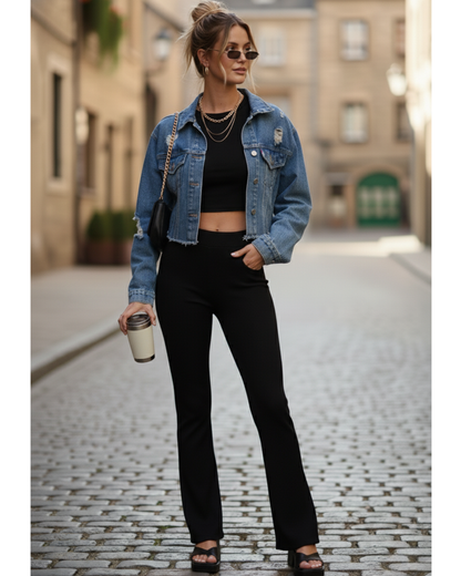 Soft Cotton Rib Black Flare Pants