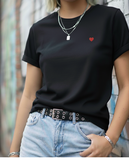 Cotton Black T-Shirt with Heart Embroidery