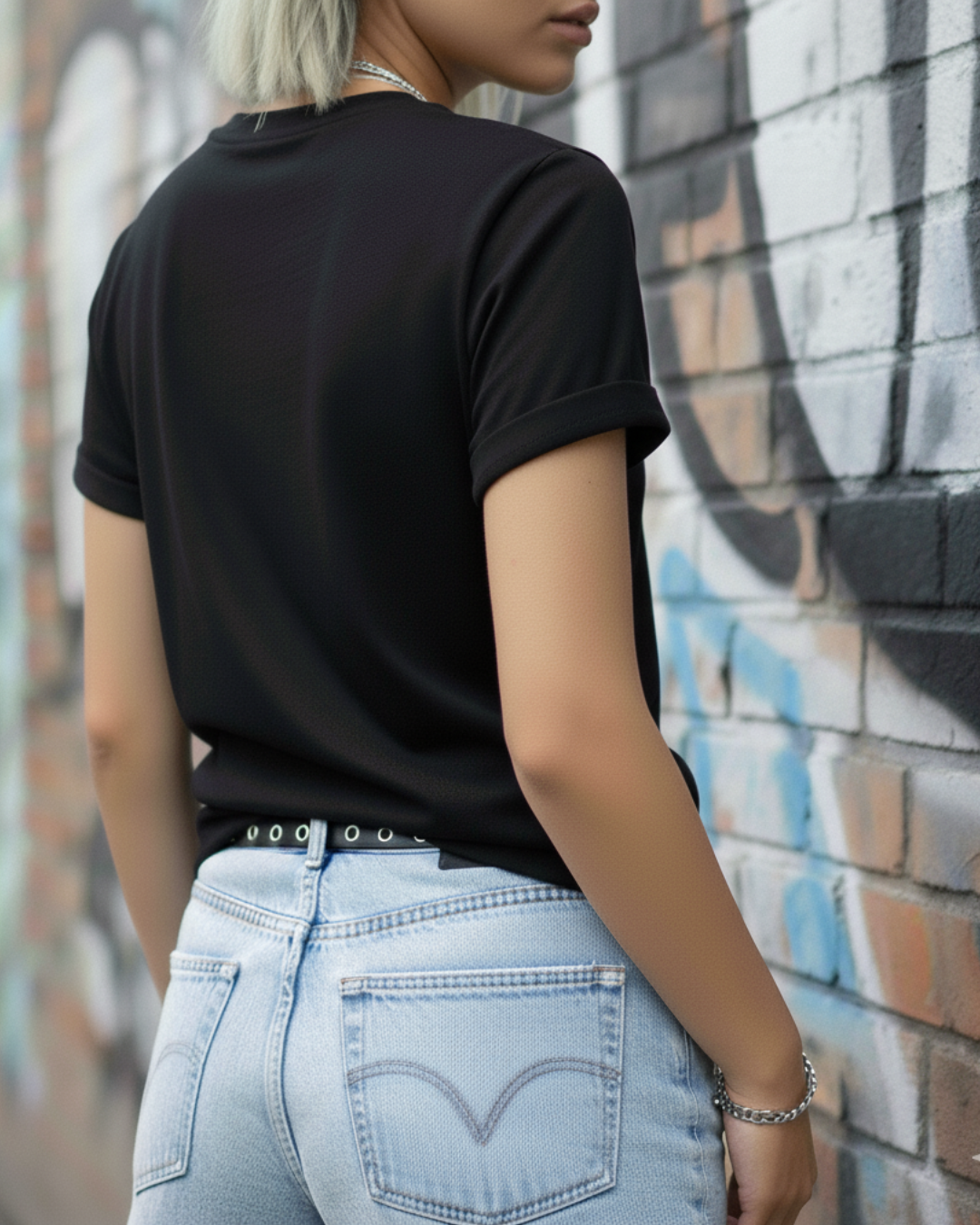 Cotton Black T-Shirt with Heart Embroidery