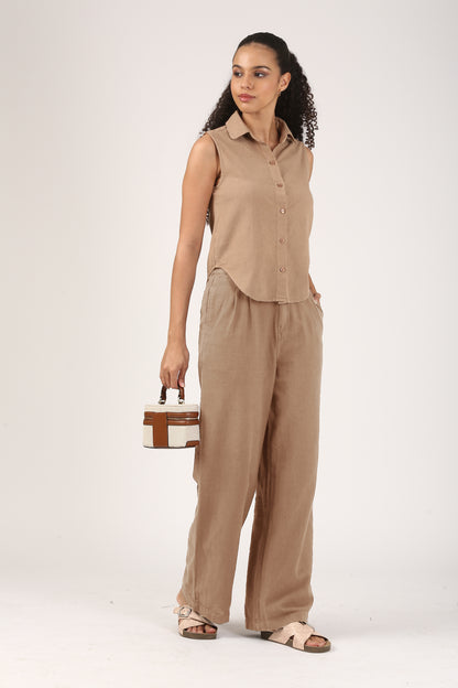 Caramel Cotton linen Flare Pant